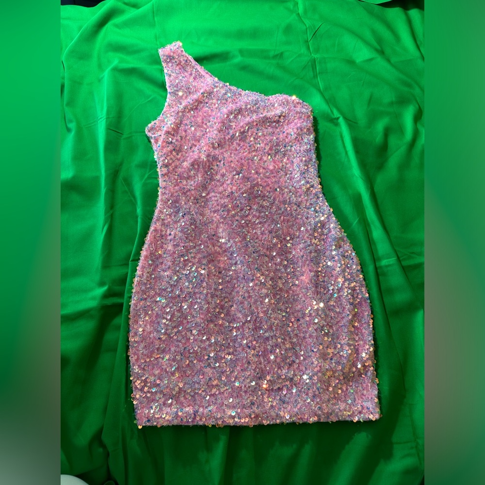 Formal one shoulder pink sequin dress